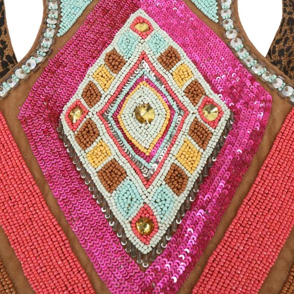 New Tasha Polizzi Heavily Beaded Floral Embroidered Brown Leather Western Vest L - Picture 14 of 15